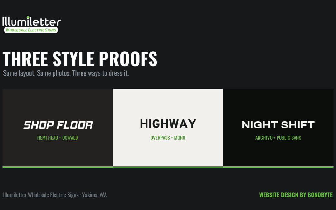 Wholesale Sign Website Design for Illumiletter — Three Style Proofs
